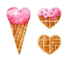 Valentine's day watercolor set with heart shaped desserts. Strawberry ice cream in a waffle cone, waffle with pink glaze and sprinkles, waffle without toppings. Perfect for cards, prints, decor, menu. vector