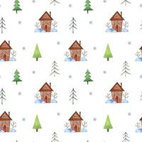 Winter seamless pattern with stylized Christmas trees, cute brown houses, snowdrifts and snowflakes. Watercolor hand-drawn illustration. Perfect for textile, fabrics, wrapping paper, linens,decoration vector