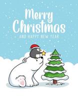 penguin and polar bear merry christmas card vector