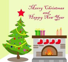 Merry Christmas and New Year greeting card. fireplace with burning fire and gift boxes on it, and Christmas tree decorated with toys. fireplace is decorated with socks. Vector image