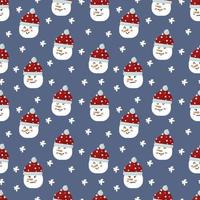 A pattern with snowmen with different faces. The background is winter and snowy for textiles. Christmas background with snow characters. Happy New Year and Merry Christmas. Vector illustration