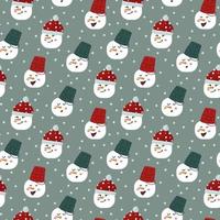 A pattern with snowmen in a red hat and a bucket. Snowmen with a carrot for a nose. Textile background with snow characters. Happy New Year and Merry Christmas. Vector illustration