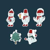 A set of stickers with funny snowmen. Winter characters made of snow and a carrot instead of a nose. Happy New Year and Merry Christmas. Vector illustration