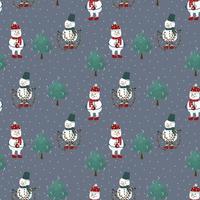 A pattern with snowmen around a Christmas tree with garlands. Winter background for textiles with snow characters. Happy New Year and Merry Christmas. Vector illustration