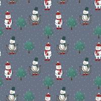 A pattern with snowmen around a Christmas tree with garlands. Winter background for textiles with snow characters. Happy New Year and Merry Christmas. Vector illustration