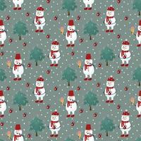 A pattern with snow Characters in a red hat. A snowman with ice cream and a garland. Cute Textile background with Christmas tree. Happy New Year and Merry Christmas. Vector illustration