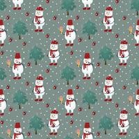 A pattern with snow Characters in a red hat. A snowman with ice cream and a garland. Cute Textile background with Christmas tree. Happy New Year and Merry Christmas. Vector illustration