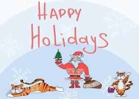 happy tiger and santa claus holiday. doodle sketch vector