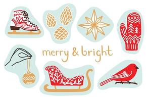 Winter holiday sticker set. Hand drawn design with Merry and Bright inscription for greeting card or poster. Figure skating boot, star, mitten, sleigh, pine cones and festive decorations vector