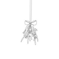 Hanging a bunch of mistletoe branches tied with a ribbon drawn by one line. Floral sketch. Continuous line drawing Christmas decoration. Minimalist art. Holiday vector illustration.