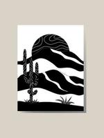 Abstract landscape with saguaro cactus and plant in black and white colors. Cactus, sparse vegetation, desert dunes and mountains. Monochrome composition. Wall art. Vector illustration.