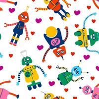 Messy robot seamless pattern in flat style. Infinity card with futuristic characters. vector