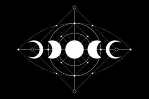 Iconos de fases de luna mágica celestial, geometría sagrada, concepto místico del ojo de la providencia, ojo que todo lo ve de la alquimia, tatuaje de logotipo blanco, vector de estilo boho aislado sobre fondo negro