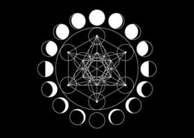 Metatrons Cube, Flower of Life. Sacred geometry, Moon Phases, geometric elements. Mystic icon platonic solids, abstract geometric drawing, crop circles. Vector isolated on black background