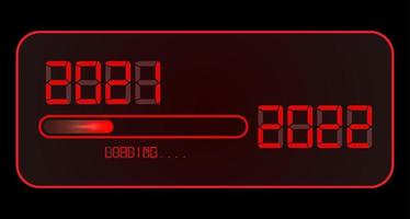 2022 reloj digital feliz año nuevo. 2021 cargando hasta 2022. estilo de tiempo digital de neón led rojo. barra de progreso casi llegando a la víspera de año nuevo. ilustración vectorial, pantalla roja aislada o fondo negro vector