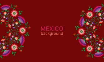 Embroidery native flowers folk pattern with Polish and Mexican influence. Trendy ethnic decorative traditional floral in symmetric design, for fashion, interior, stationery. Vector isolated on red