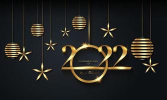 2022 Christmas luxury holiday banner with gold handwritten Merry Christmas and Happy New Year, gold colored Christmas balls. Vector illustration isolated on black background