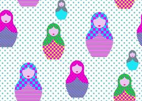 Seamless print paper Russian nesting dolls matrioshka, set icon colorful symbol traditional of Russia, vector isolated on polka dot white background