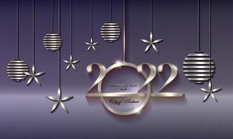 2022 Christmas luxury holiday banner with silver handwritten Merry Christmas and Happy New Year, platinum colored Christmas balls. Vector illustration isolated on soft purple background