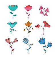 collection of flowers and leaf in continuous line art drawing style vector