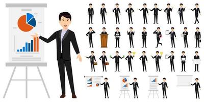 Cute businessman character set wearing business outfit and standing with different poses and with presentation board with sales graph chart isolated and posing vector