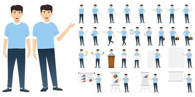 Businessman character set wearing T-Shirt outfit and standing with different poses and with podium presentation board with sales graph chart isolated and posing vector