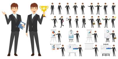 Cute businessman character set wearing business outfit and standing with different poses and with presentation board with sales graph chart isolated vector