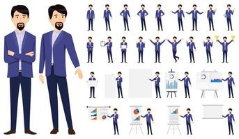 Conjunto de caracteres de empresario vistiendo traje de negocios moderno y de pie con diferentes poses y con tablero de presentación con gráfico de ventas aislado y posando vector