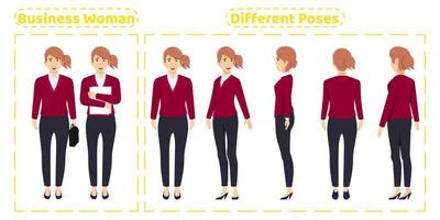 lindo conjunto de caracteres de mujer de negocios con un lindo traje de negocios con diferentes poses, vista frontal, posterior, con expresiones faciales alegres, creación de animación vector