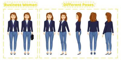 lindo conjunto de caracteres de mujer de negocios vistiendo un lindo traje de negocios con diferentes poses, vista frontal y posterior con expresiones faciales alegres, creación de animación aislada vector