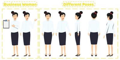 Business woman character set wearing cute business outfit with different poses front side back view with cheerful facial expressions Animation creation isolated vector