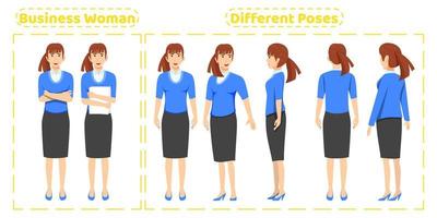 Conjunto de caracteres de mujer de negocios vistiendo traje de negocios con diferentes poses vista frontal lateral posterior con expresiones faciales alegres creación de animación aislada vector