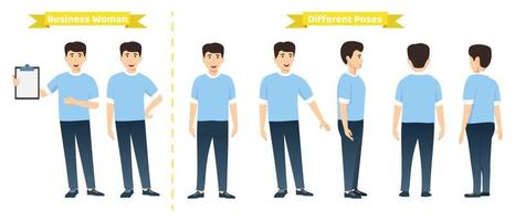 Modern businessman character set wearing cute T-Shirt outfit with different pose with front side back view for animation creation colorful vector