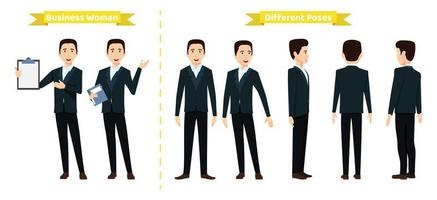 Businessman character set with different pose with front side back view for animation creation isolated vector