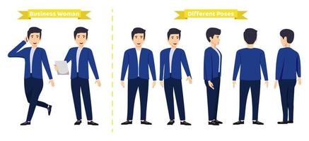 Modern cute businessman character set wearing business outfit with different pose with front side back view for animation creation colorful vector