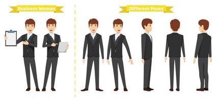 Modern businessman character set wearing business outfit with different pose with front side back view for animation creation isolated vector