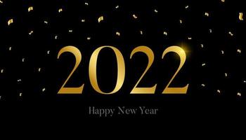 Luxurious and elegant 2022 Happy New Year design with black and gold background and New Year party ornaments. Vector Illustration