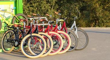 group of colorful bicycles parked together in a parking lot closeup photo