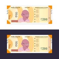 India nuevos billetes de 200 rupias en fondo blanco. vector