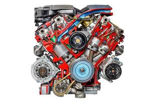 Cutaway of an internal combustion engine of a modern car at an exhibition stand, isolated on a white background.