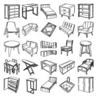vector de icono de conjunto de muebles y equipamiento para el hogar. Doodle dibujado a mano o estilo de icono de contorno