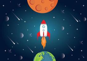 Vector Illustration of Space, Spaceship, Planet Earth, Moon