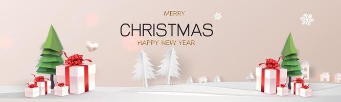 podium stage christmas newyear red background tree for mockup shopping advertising vector illustration