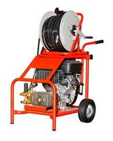 Portable water jet system for cleaning debris from the pipeline and restoring its full and free flow capacity. photo