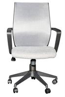 sillón giratorio de oficina blanco con respaldo ortopédico de apoyo tapizado en tela plateada, aislado sobre fondo blanco. foto