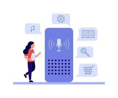 Voice command device, smart speaker and woman. Wireless assistant technology. Voice control girl. Vector illustration