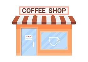 Offline coffee shop building exterior, cafe in store. Business commerce cafe for production of hot drink cappuccino, americano, latte. Small shop in house. Vector flat illustration