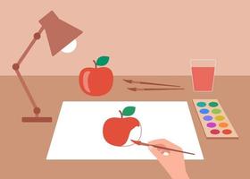 Online lesson learning to draw on laptop at home. Workplace with teacher. Drawing creative process. Vector illustration