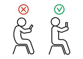 Incorrect tension and correct health posture seat with phone. Health preservation rules. Avoid poor posture, vision and spine problems. Vector illustration