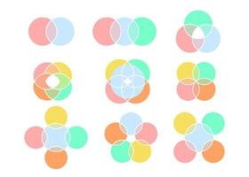 Types of color venn diagram, graph circle intersection. Way of displaying information in form of crossing circles. Mathematical infographic. 2, 3, 4, 5 and 6 intersection area. Vector illustration